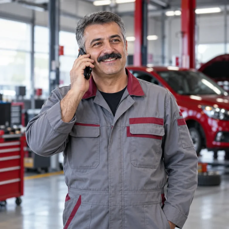 Otomotiv servisinde telefonla görüşen işletme sahibi